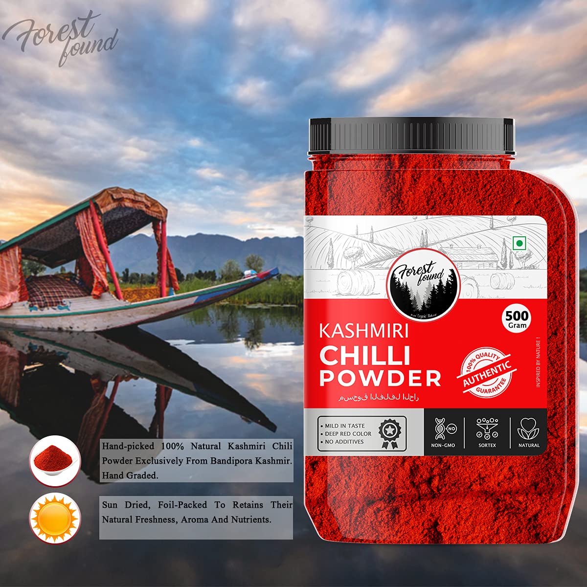 Forest Found Kashmiri Red Chilli Powder | Lal Mirch |Pure And Ready To Use | 100% Authentic,Mild,Deep Red Color (500 Gm)
