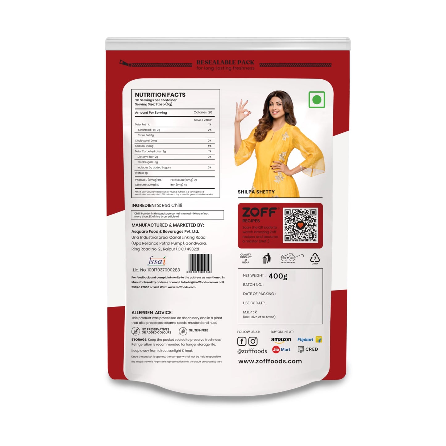 Zoff Kashmiri Red Chilli Powder | Pure & Natural | New Weight 400 gm