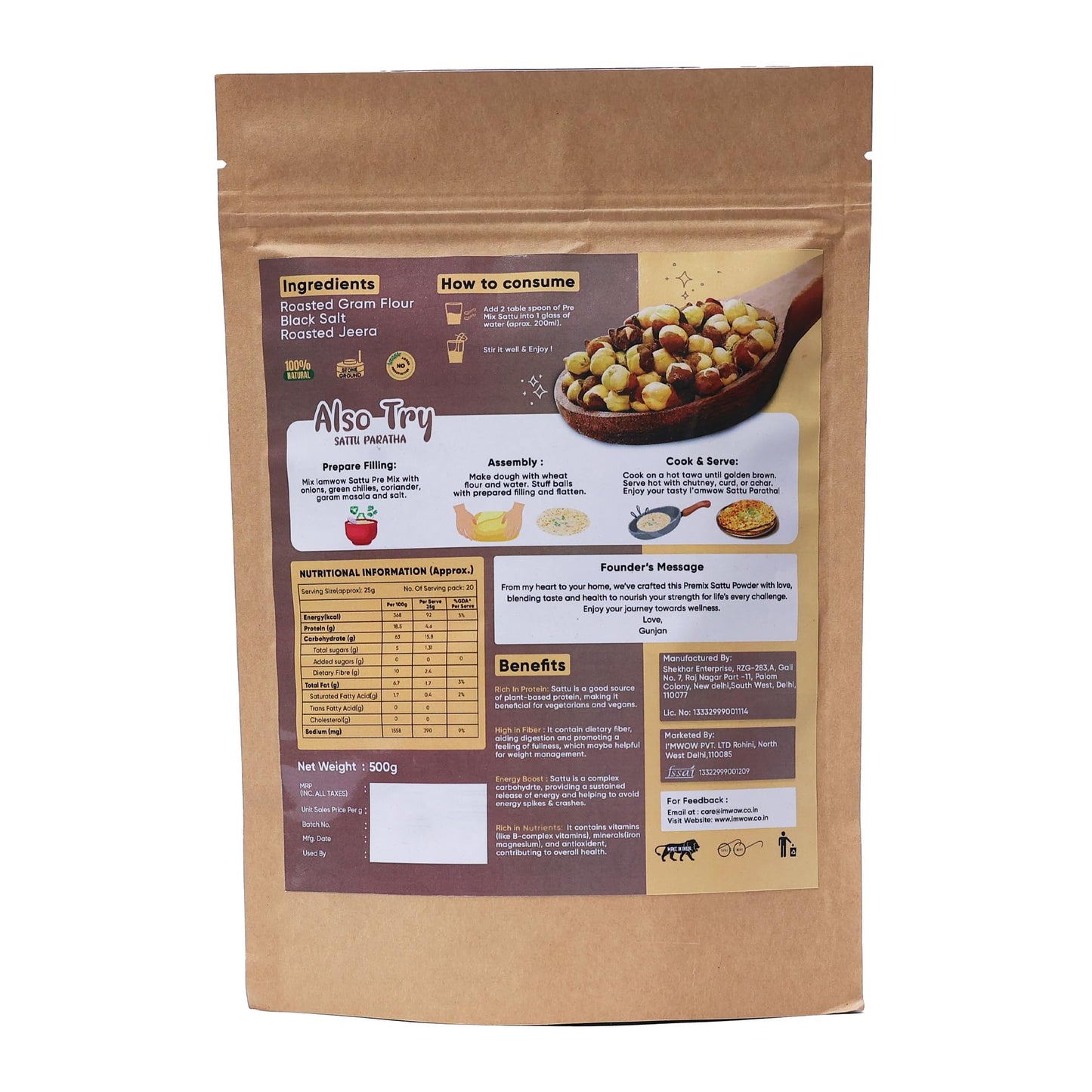 SATTU PREMIX - Jeera Flavour | Best Grade Channa | 100% Natural and Gluten Free | Sattu Drink Powder 500g | Healthy Drink | IMWOW