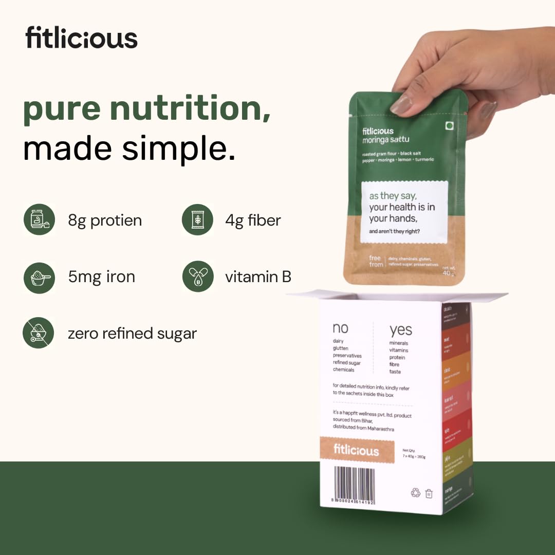 Fitlicious Sattu Powder - Gluten-Free Roasted Gram Flour, Moringa Sattu Fiber-Rich Sattu Drink Powder (Pack of 7, 40g Each)