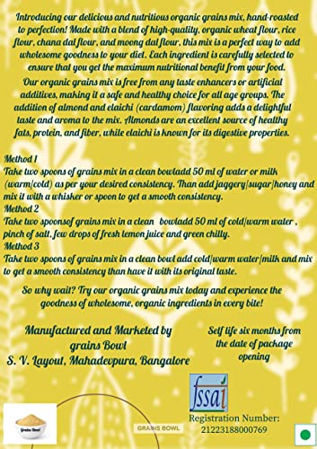 grains Bowl Hand Roasted multi grains health mix powder for Kids and Adults (NO COOKING NEEDED) Roasted Cereals & Pulses Powder, Chatua, Sathu maavu, Porridge Mix (Cardamom/Elaichi Flavour, 1 kg)