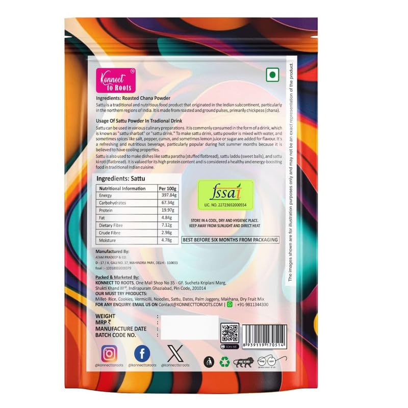 Konnect To Roots Sattu Powder 1kg | Roasted Chana Flour | 100% Natural & Gluten Free Chana Sattu l Roasted Gram Atta with High Fiber | 500gm x2(Pack of 2)