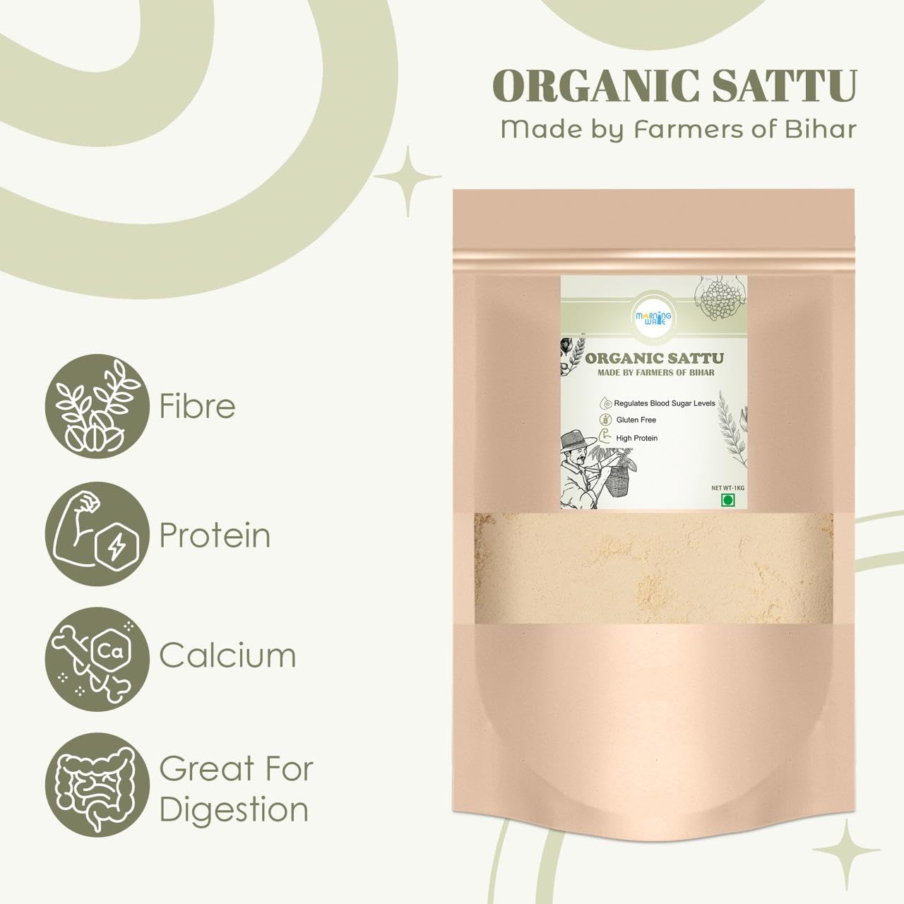 MORNINGWALE - Sattu Powder | Gluten Free Roasted Black Chana Flour | 100% Natural & Gluten Free Chana Sattu | Channa Sattu Roasted Gram Atta Flour 1Kg