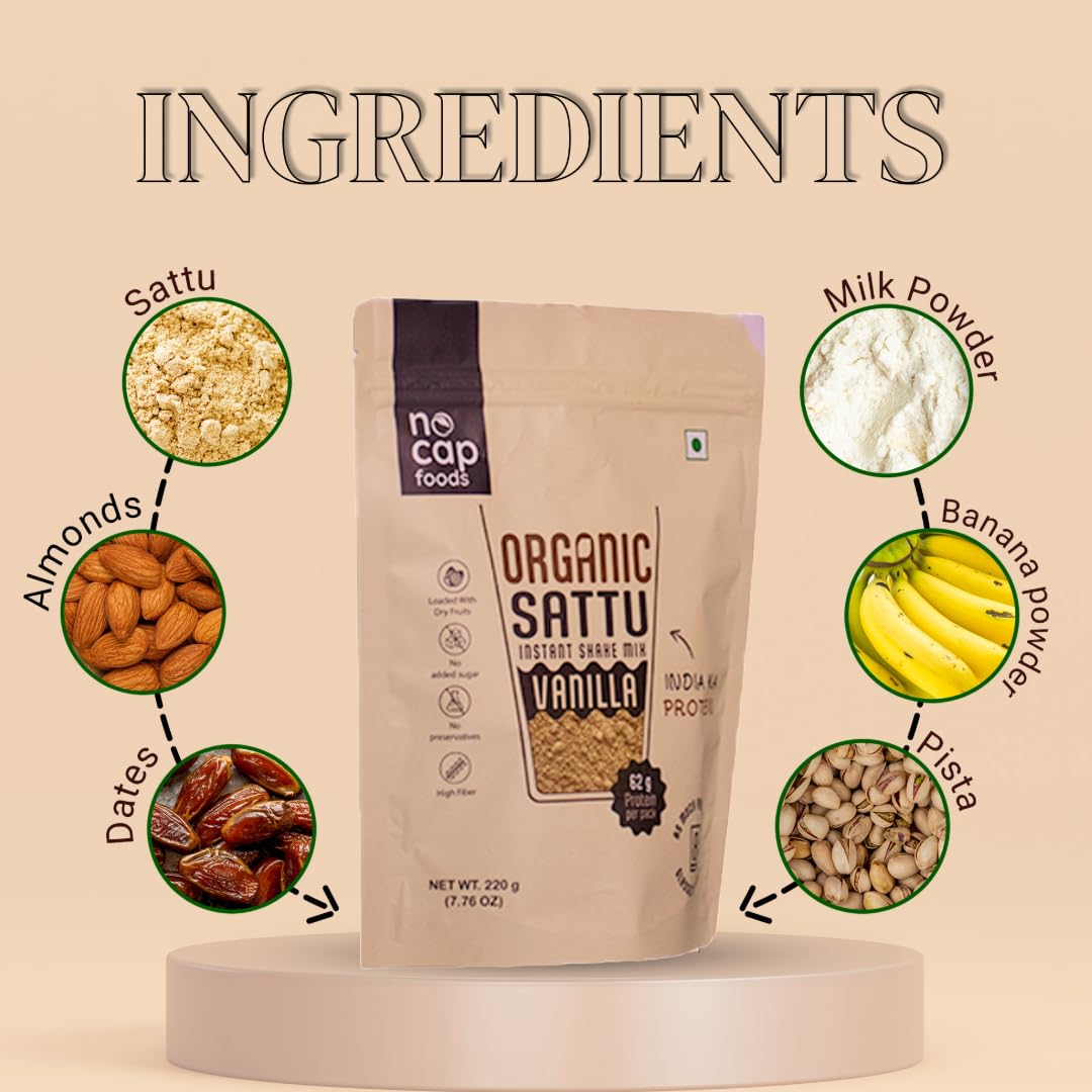 Nocap Sattu Shake Vanilla 220gm | No refined sugar | No Artificial flavours | High Protein | High Fiber | Natural Vanilla flavour | Instant shake | No Additives | No preservatives