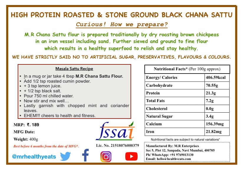 M.R Healthy Eats- High Protein, Roasted & Stone Ground Black Chana Sattu in Food-Grade Container (400g)