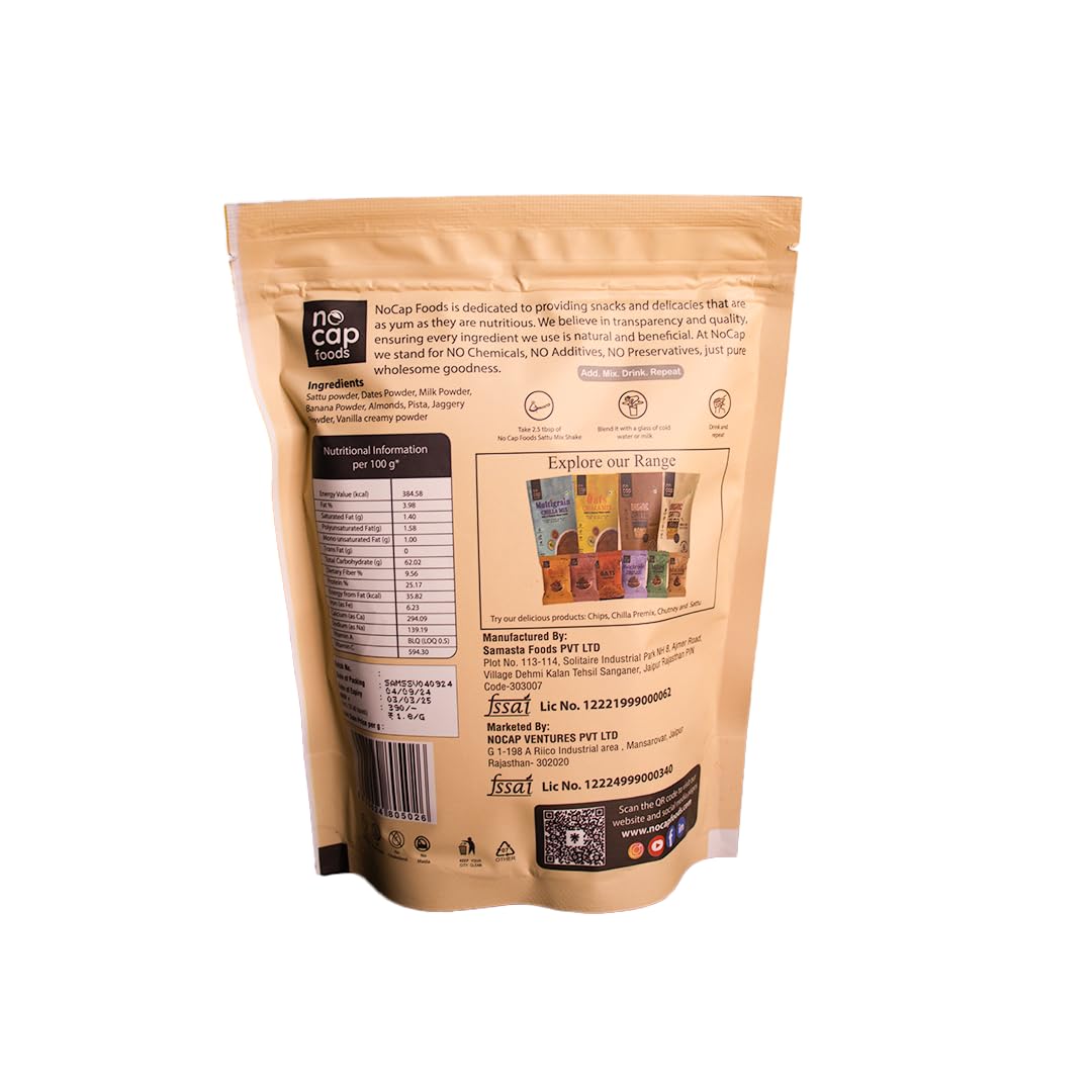 Nocap Sattu Shake Vanilla 220gm | No refined sugar | No Artificial flavours | High Protein | High Fiber | Natural Vanilla flavour | Instant shake | No Additives | No preservatives