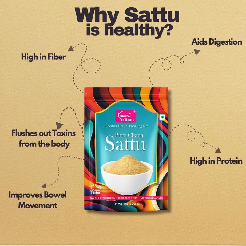 Konnect To Roots Sattu Powder 1kg | Roasted Chana Flour | 100% Natural & Gluten Free Chana Sattu l Roasted Gram Atta with High Fiber | 500gm x2(Pack of 2)