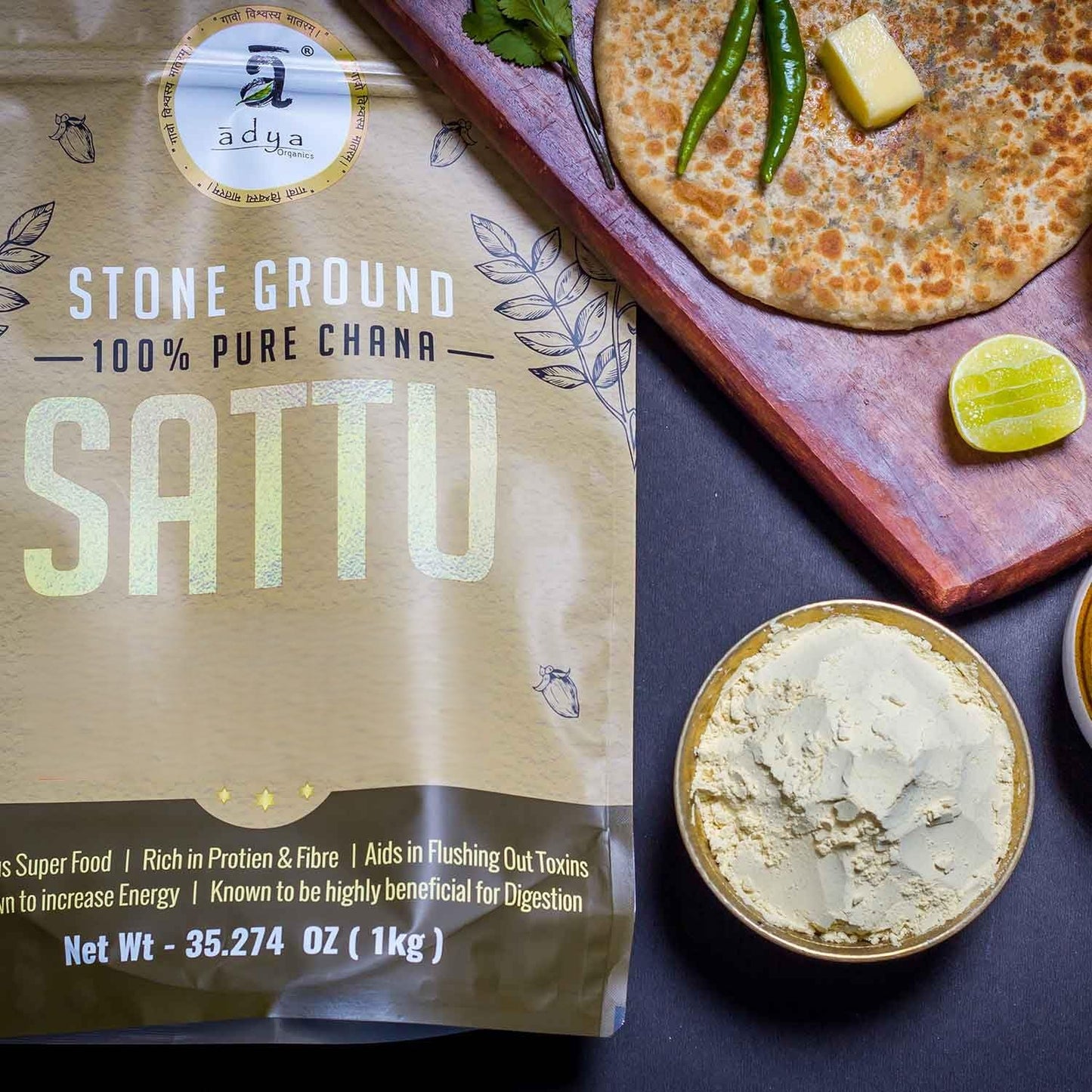 Adya Organics Sattu Powder | Gluten Free Roasted Black Chana Flour | 100% Natural & Gluten Free Chana Sattu l Atta with High Fiber | Sattu Drink Powder 1Kg- (Pack of 1)