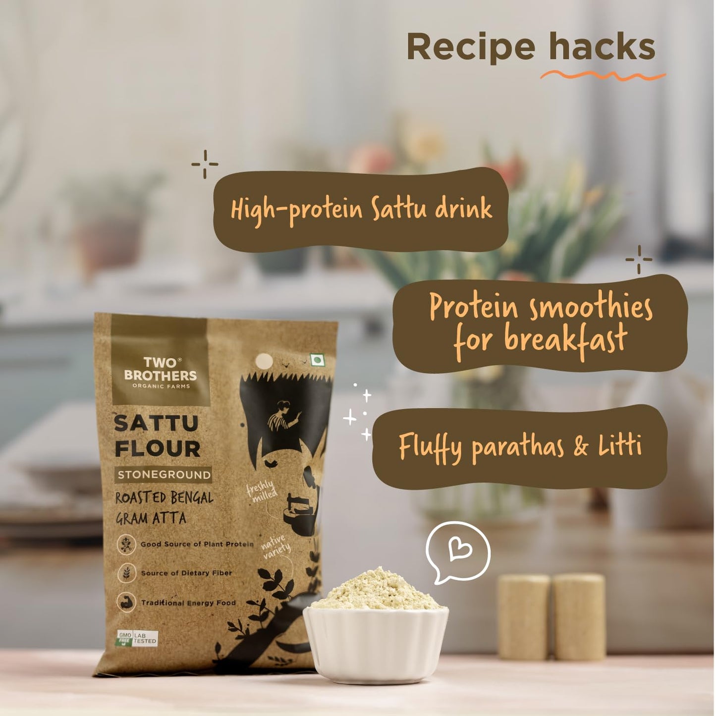 Two Brothers Organic Farms - Sattu Atta (1 kg) | Made Using Roasted Bengal Gram | 100% Natural & Gluten Free Chana Sattu | High Protein Roasted Gram Flour | Sattu Drink Powder | Roasted Gram Powder