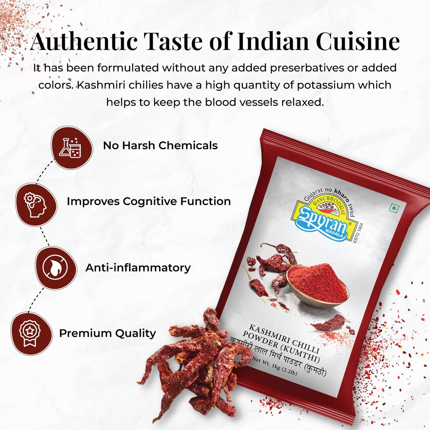 Spyran Kashmiri Red Chilli Powder, Lal Marchu Powder, 100% Natural and No Preservatives & Color 1kg