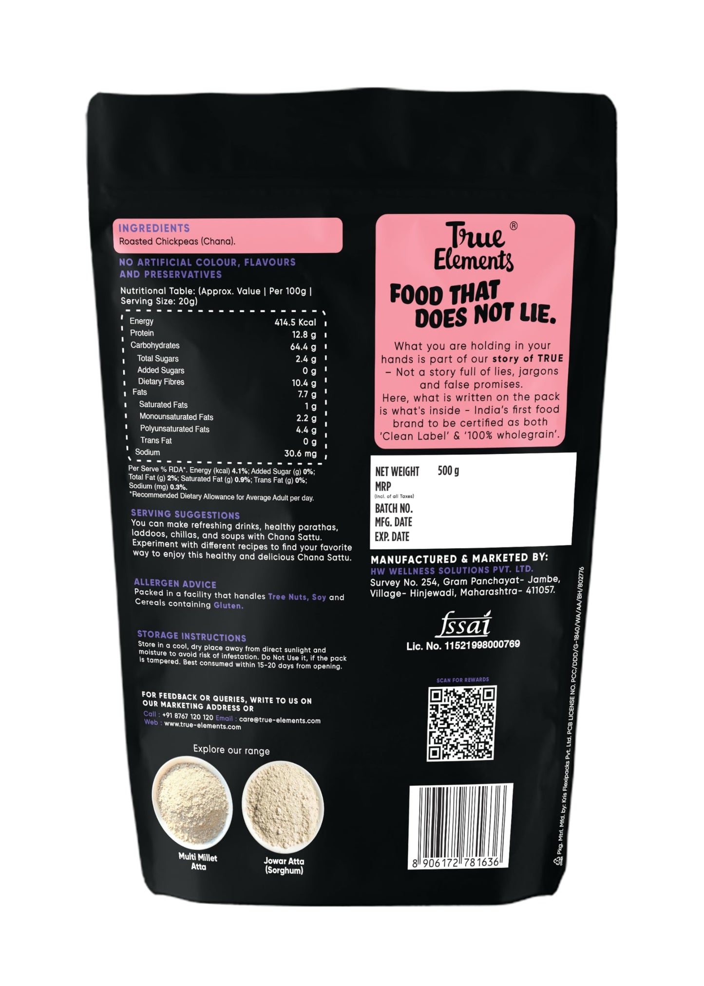 True Elements Sattu Atta 500gm - 100% Clean Chana Sattu Flour | High in Protein and Fibre | Natural and Gluten Free | Millet Whole Grains Organic