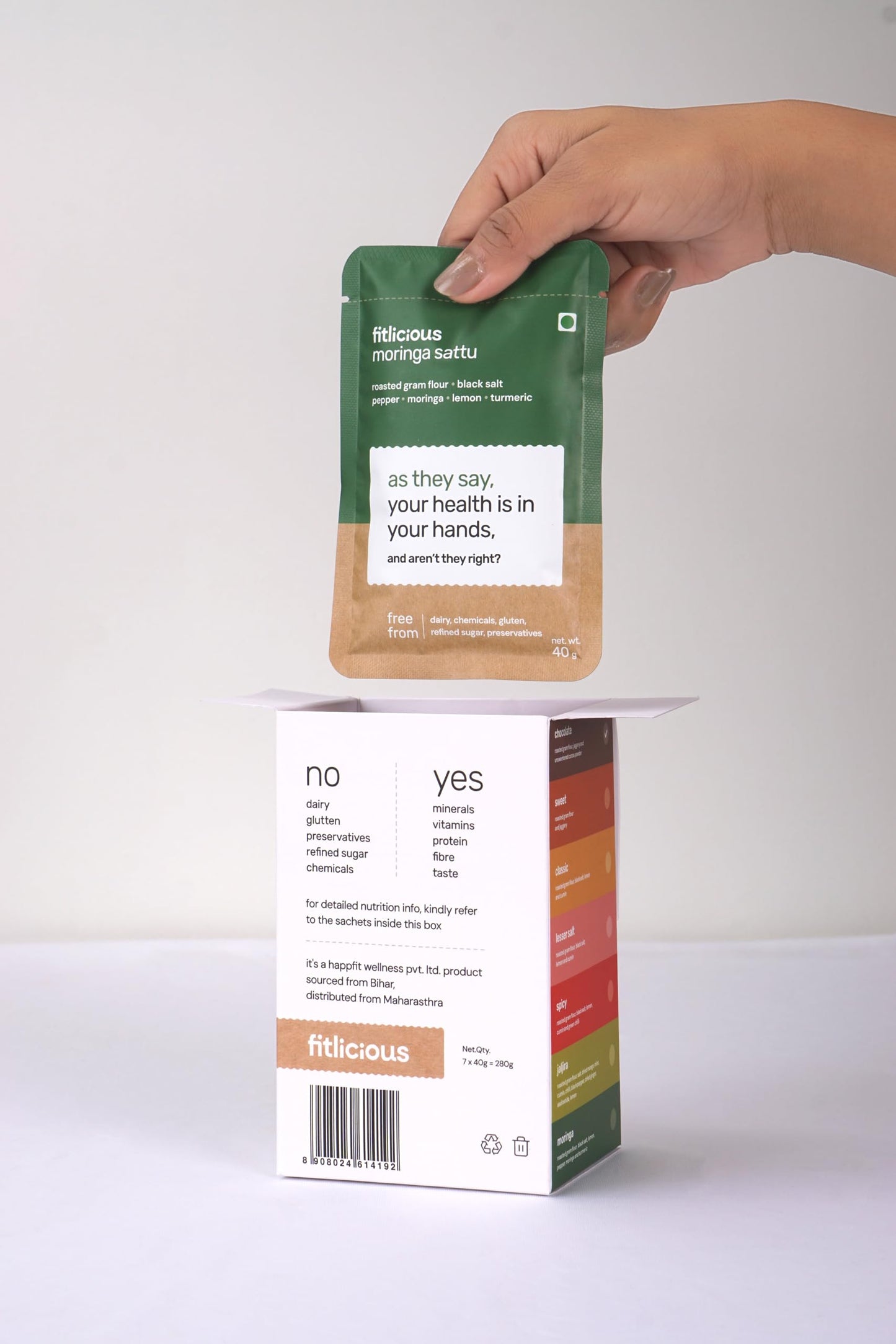 Fitlicious Sattu Powder - Gluten-Free Roasted Gram Flour, Moringa Sattu Fiber-Rich Sattu Drink Powder (Pack of 7, 40g Each)