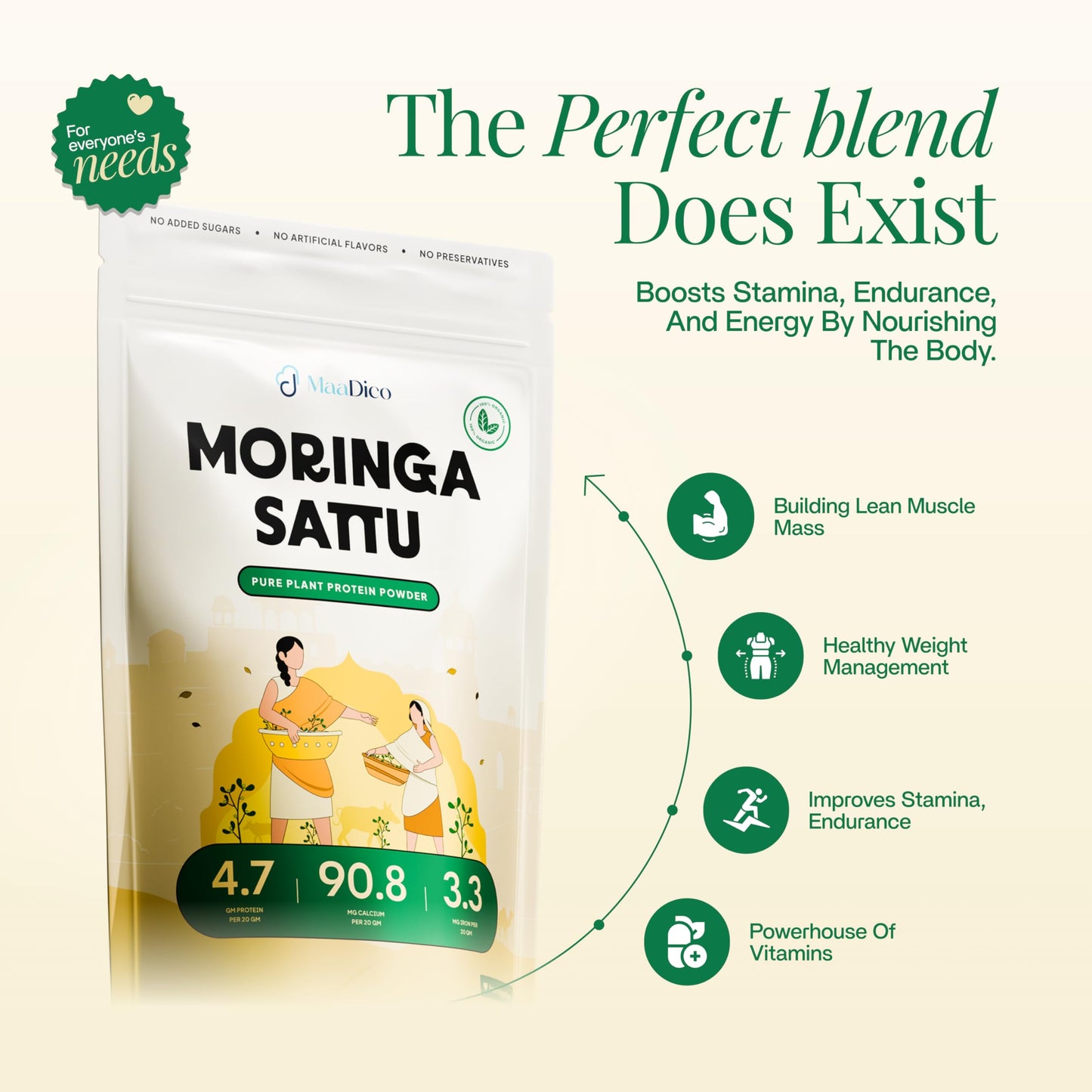 Maadico Moringa Sattu Protein Powder, 500 Gms | 4.7G Protein, 90.8G Carbs, 3.3G Fat Per 100G | Boosts Stamina, Endurance, Energy | Plant Protein Powder For Lean Muscle Mass & Weight Management |