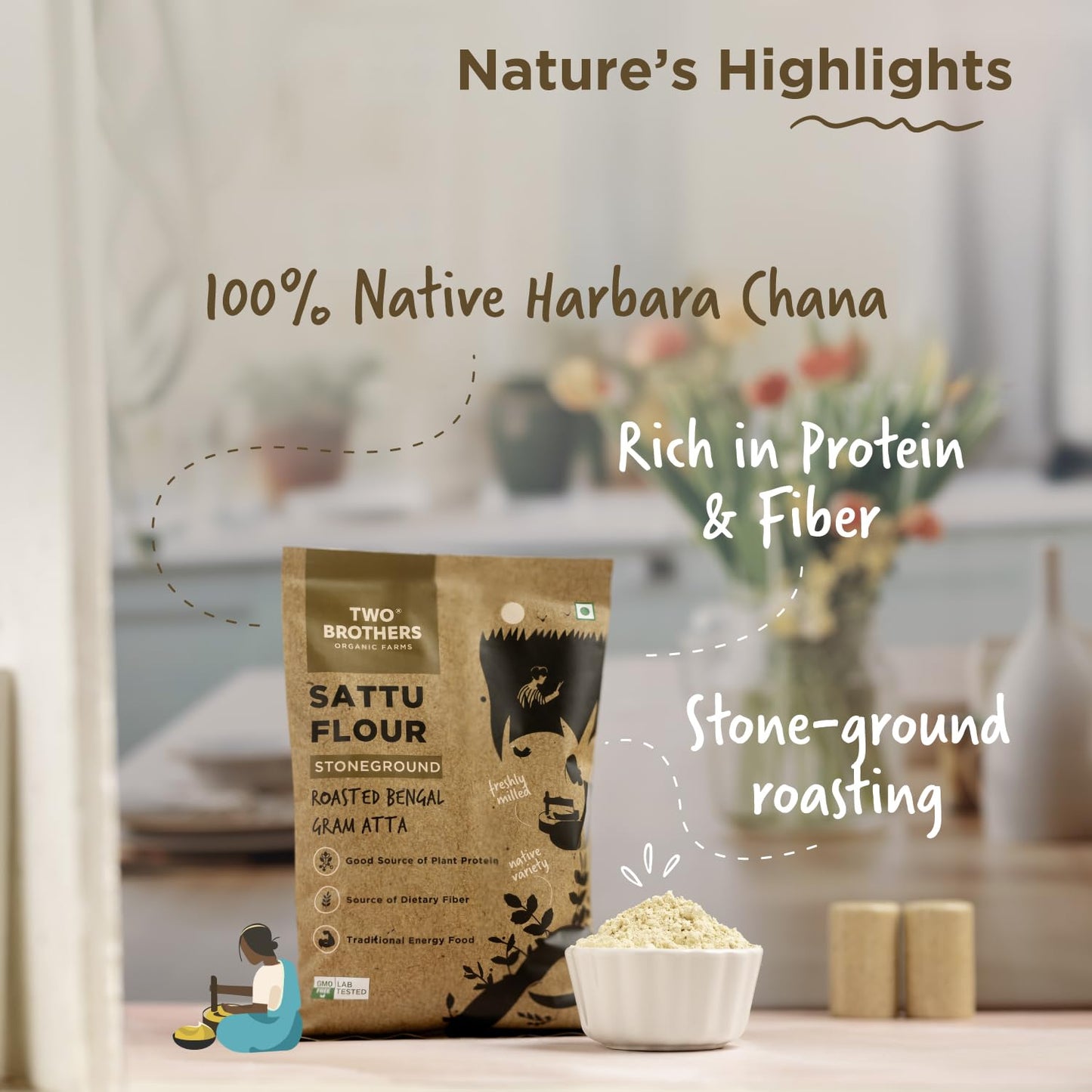 Two Brothers Organic Farms - Sattu Atta (1 kg) | Made Using Roasted Bengal Gram | 100% Natural & Gluten Free Chana Sattu | High Protein Roasted Gram Flour | Sattu Drink Powder | Roasted Gram Powder