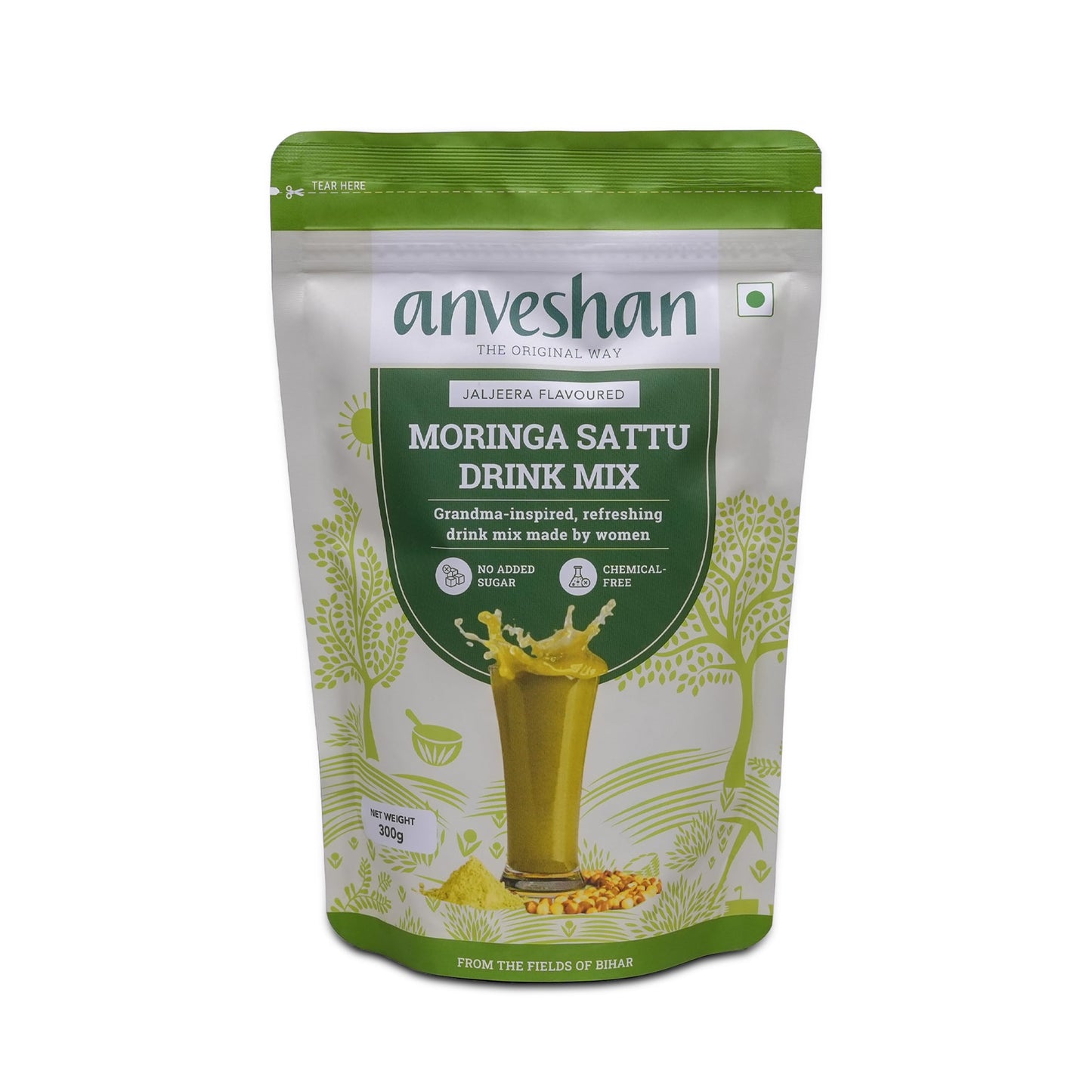Anveshan Moringa Sattu Drink Mix - 300g | Chana Sattu Protein Powder | Drink | 8 Vitamin and Fibre Rich Nutrition Drink