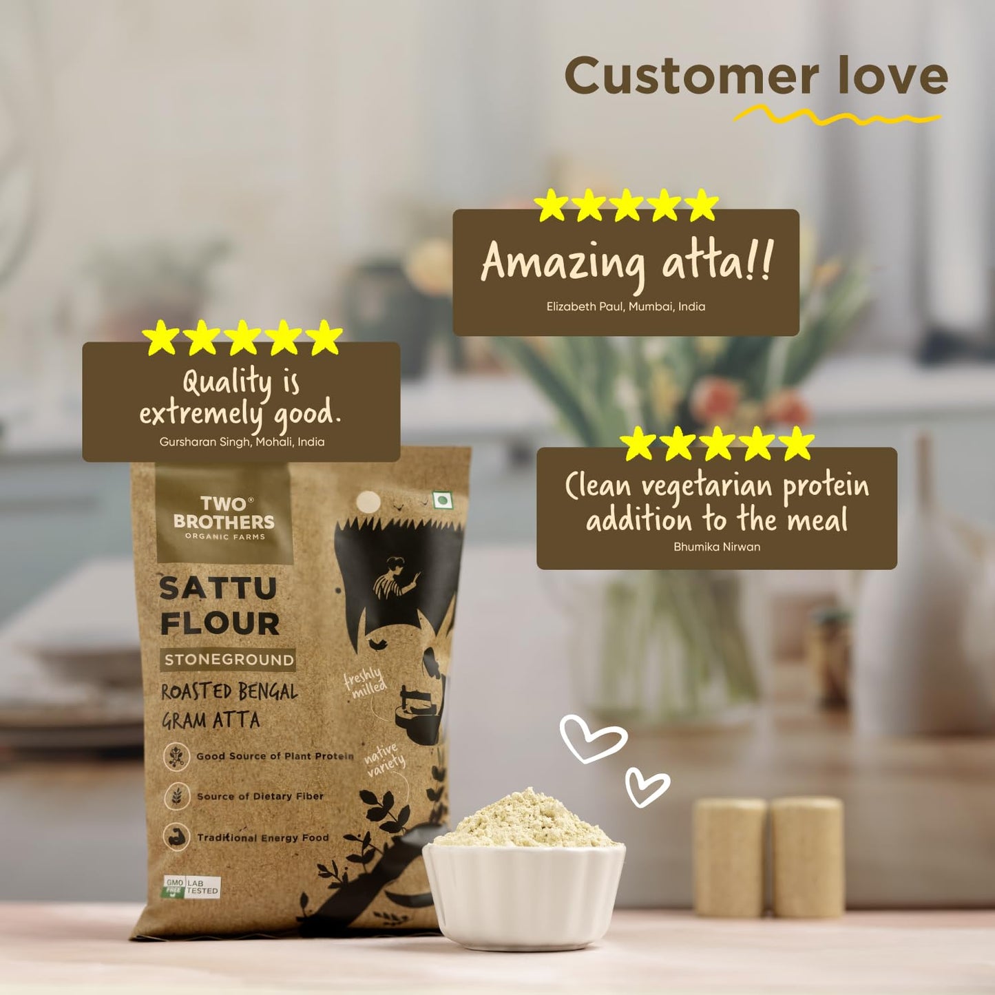 Two Brothers Organic Farms - Sattu Atta (1 kg) | Made Using Roasted Bengal Gram | 100% Natural & Gluten Free Chana Sattu | High Protein Roasted Gram Flour | Sattu Drink Powder | Roasted Gram Powder