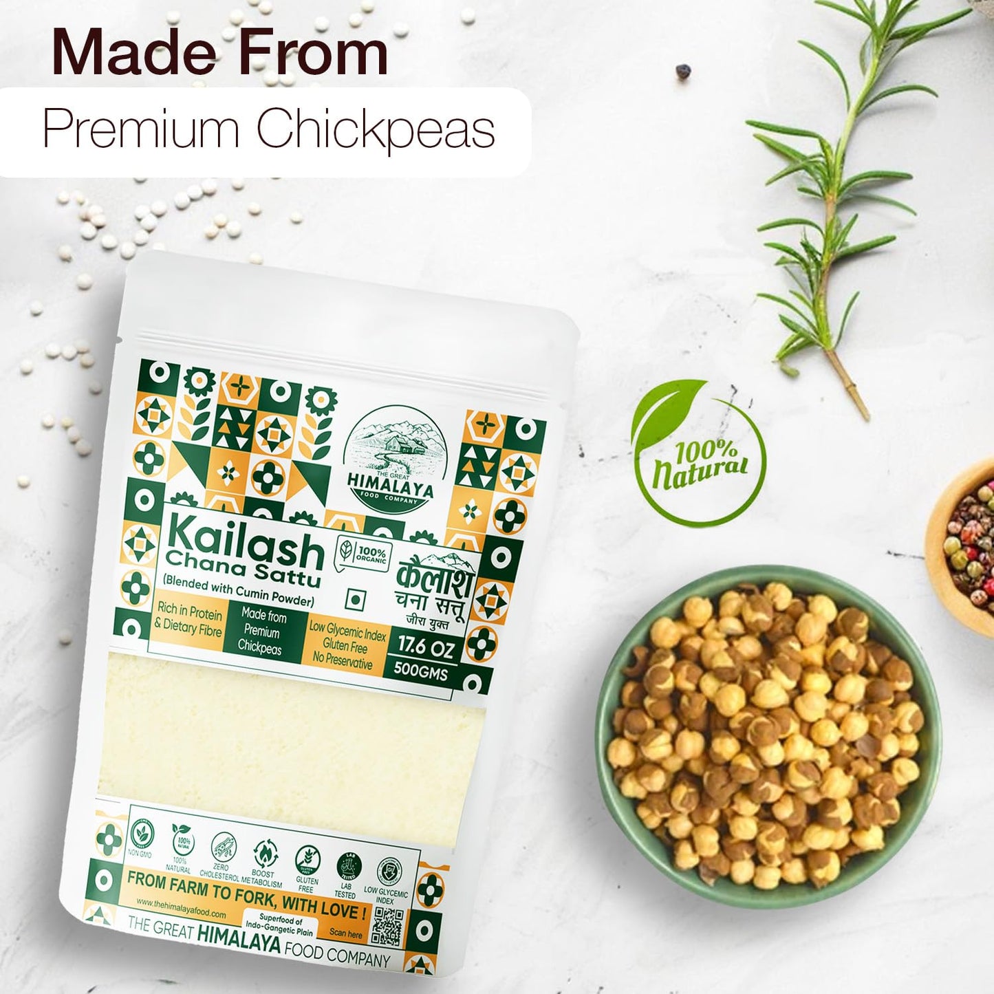 Great Himalaya Chana Sattu (500gm) | Blended with Roasted Cumin Powder |100% Natural and Authentic Whole Bengal Gram Flour | Rich in Protein & Fiber