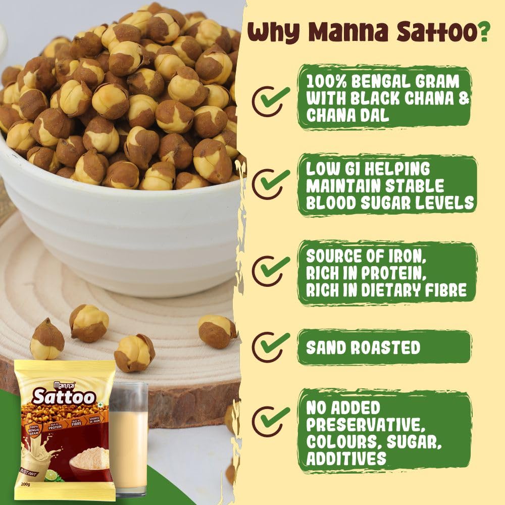 Manna Sattu Atta 1Kg 100% Channa Sattu Roasted Gram Atta Flour (500 X 2 Packs)
