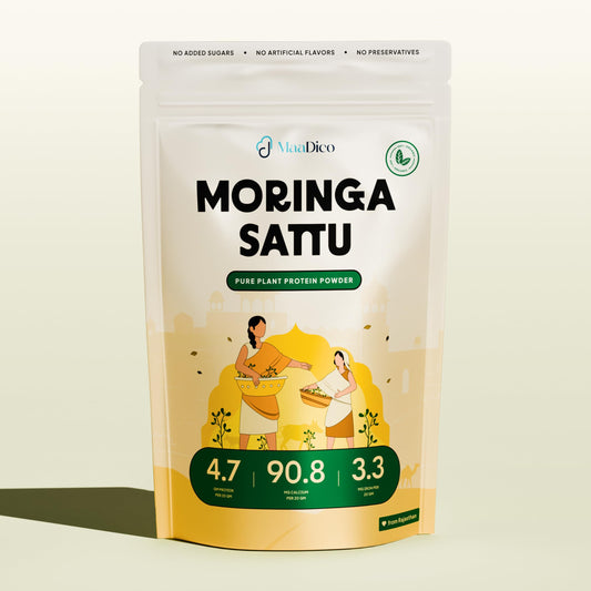 Maadico Moringa Sattu Protein Powder, 500 Gms | 4.7G Protein, 90.8G Carbs, 3.3G Fat Per 100G | Boosts Stamina, Endurance, Energy | Plant Protein Powder For Lean Muscle Mass & Weight Management |
