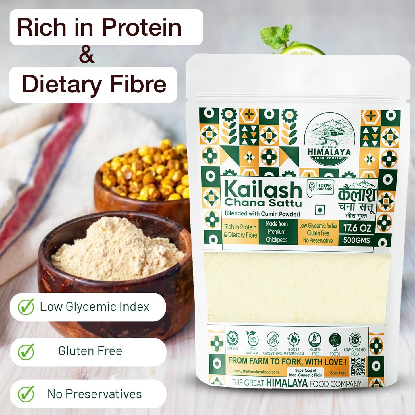 Great Himalaya Chana Sattu (500gm) | Blended with Roasted Cumin Powder |100% Natural and Authentic Whole Bengal Gram Flour | Rich in Protein & Fiber