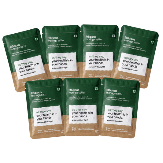 Fitlicious Sattu Powder - Gluten-Free Roasted Gram Flour, Moringa Sattu Fiber-Rich Sattu Drink Powder (Pack of 7, 40g Each)