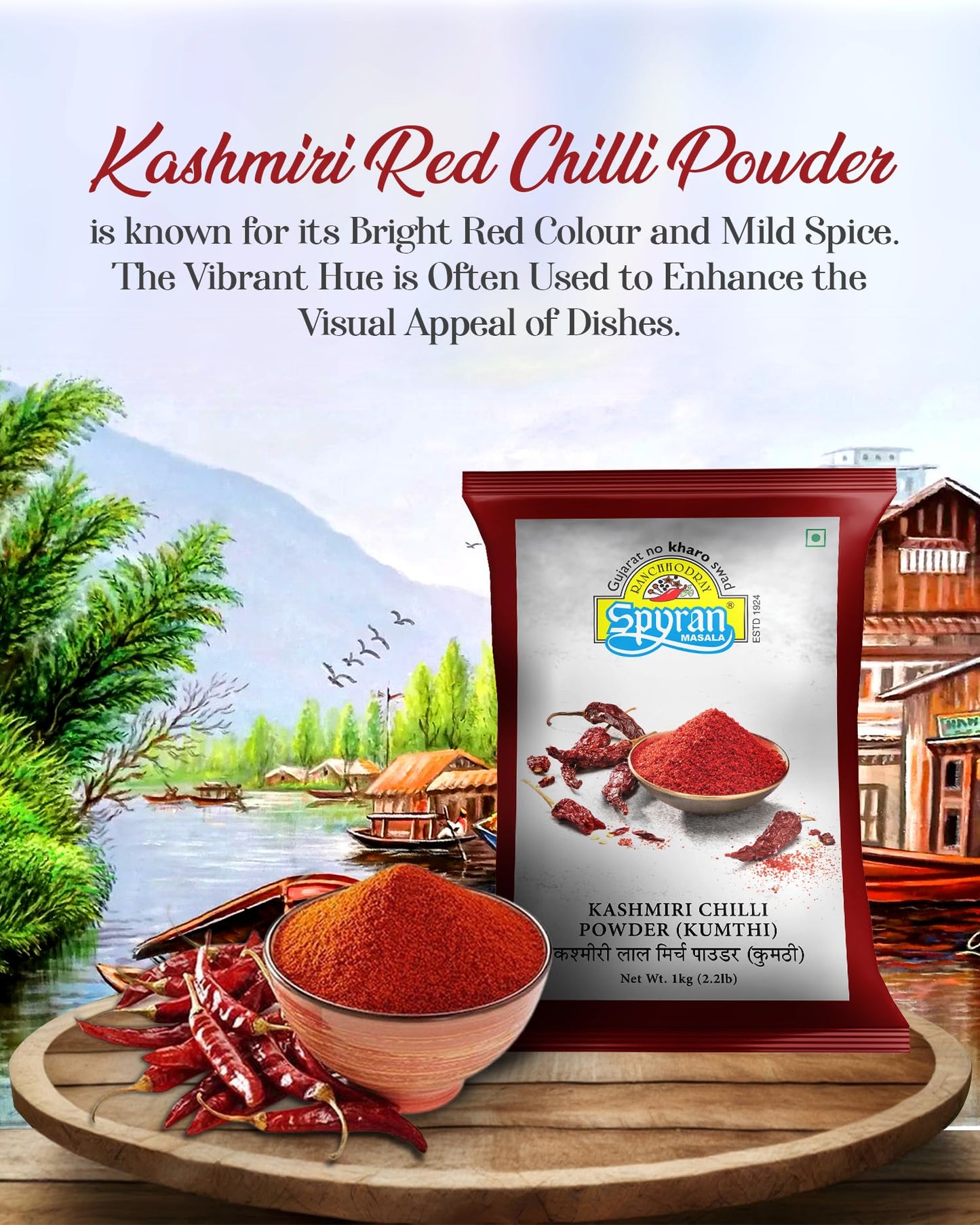 Spyran Kashmiri Red Chilli Powder, Lal Marchu Powder, 100% Natural and No Preservatives & Color 1kg