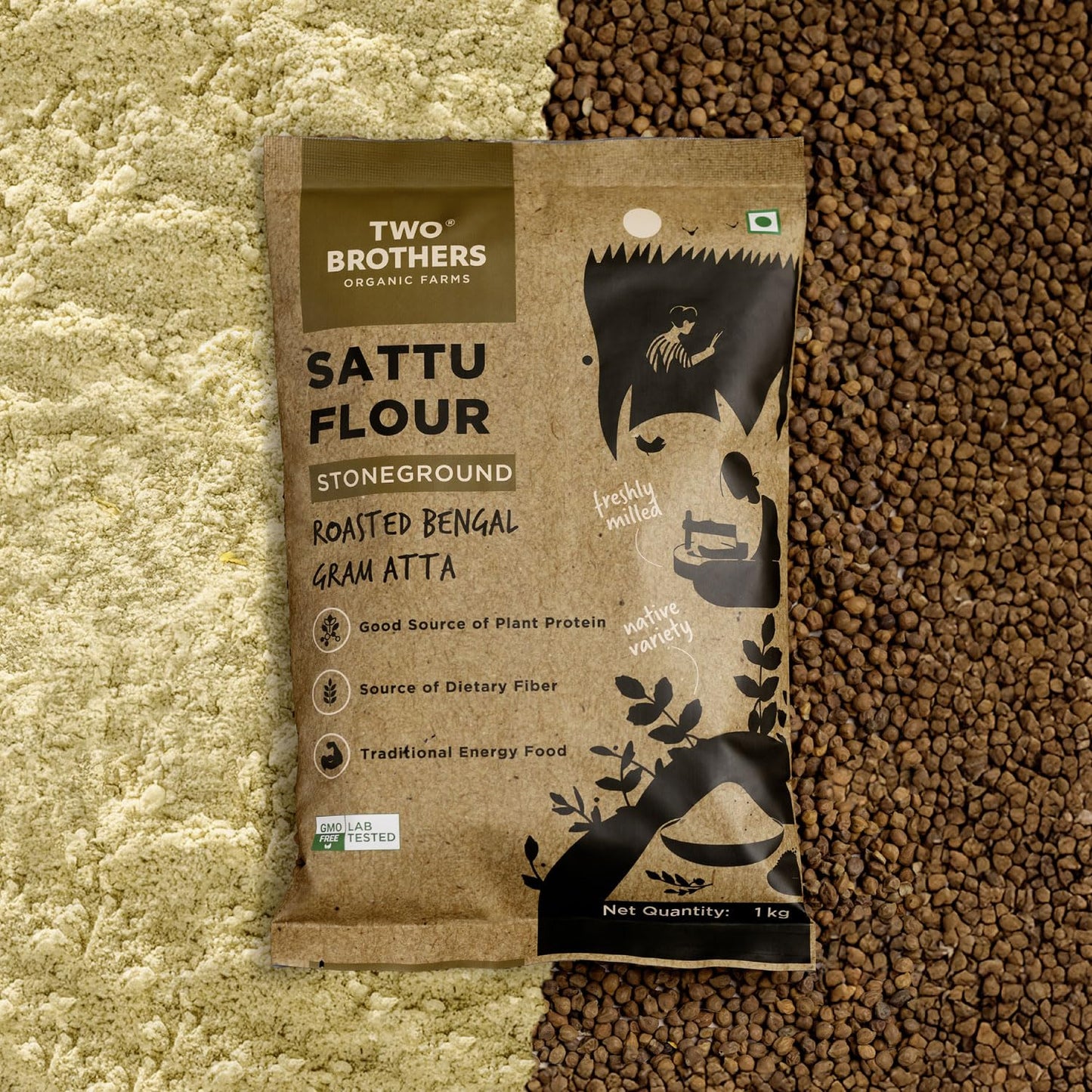 Two Brothers Organic Farms - Sattu Atta (1 kg) | Made Using Roasted Bengal Gram | 100% Natural & Gluten Free Chana Sattu | High Protein Roasted Gram Flour | Sattu Drink Powder | Roasted Gram Powder