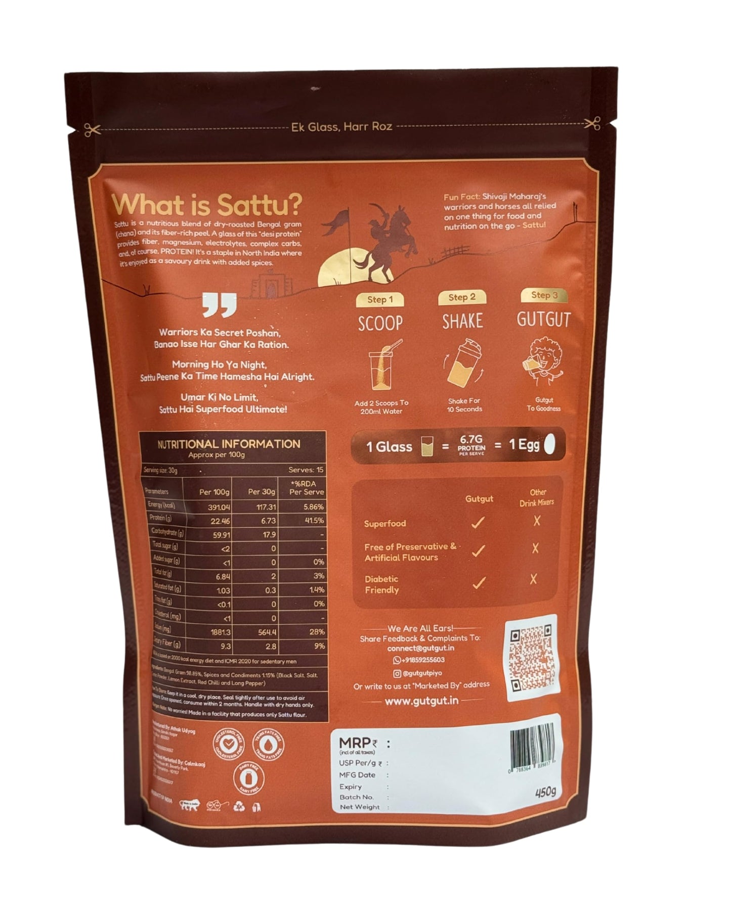 GutGut Sattu Powder | Instant Drink Mix | 100% Natural & Gluten Free Chana Sattu | 30 Glasses 900 grams - Masala Twist Flavour (450g X Pack of 2)