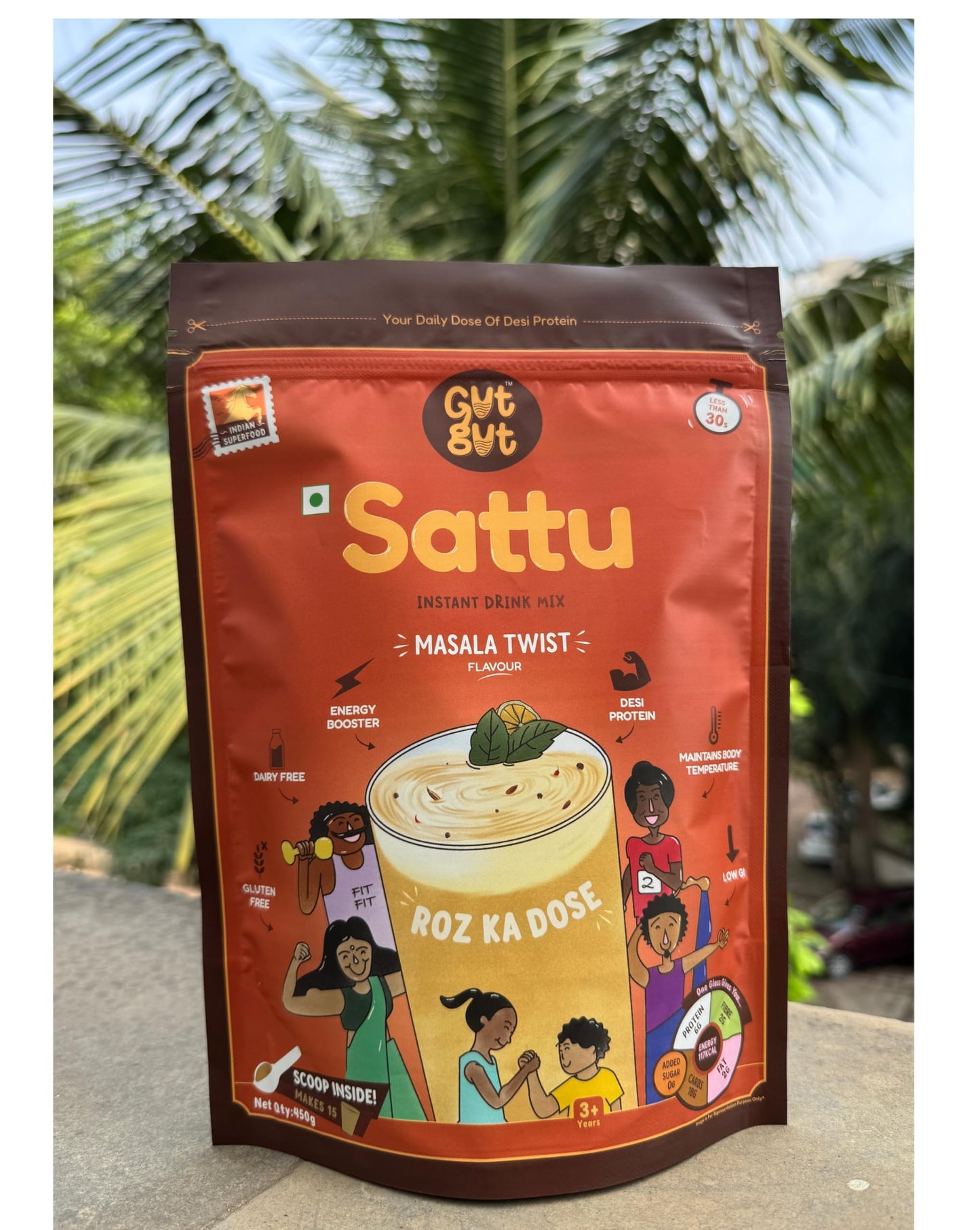 GutGut Sattu Powder | Instant Drink Mix | 100% Natural & Gluten Free Chana Sattu | 30 Glasses 900 grams - Masala Twist Flavour (450g X Pack of 2)