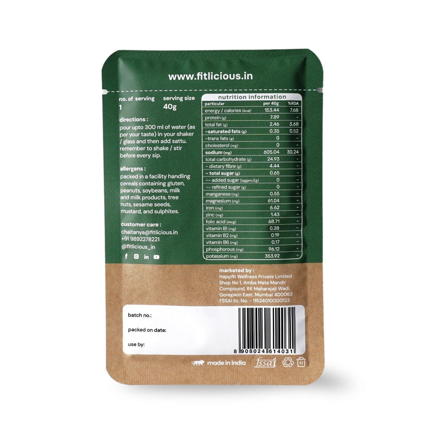 Fitlicious Sattu Powder - Gluten-Free Roasted Gram Flour, Moringa Sattu Fiber-Rich Sattu Drink Powder (Pack of 7, 40g Each)