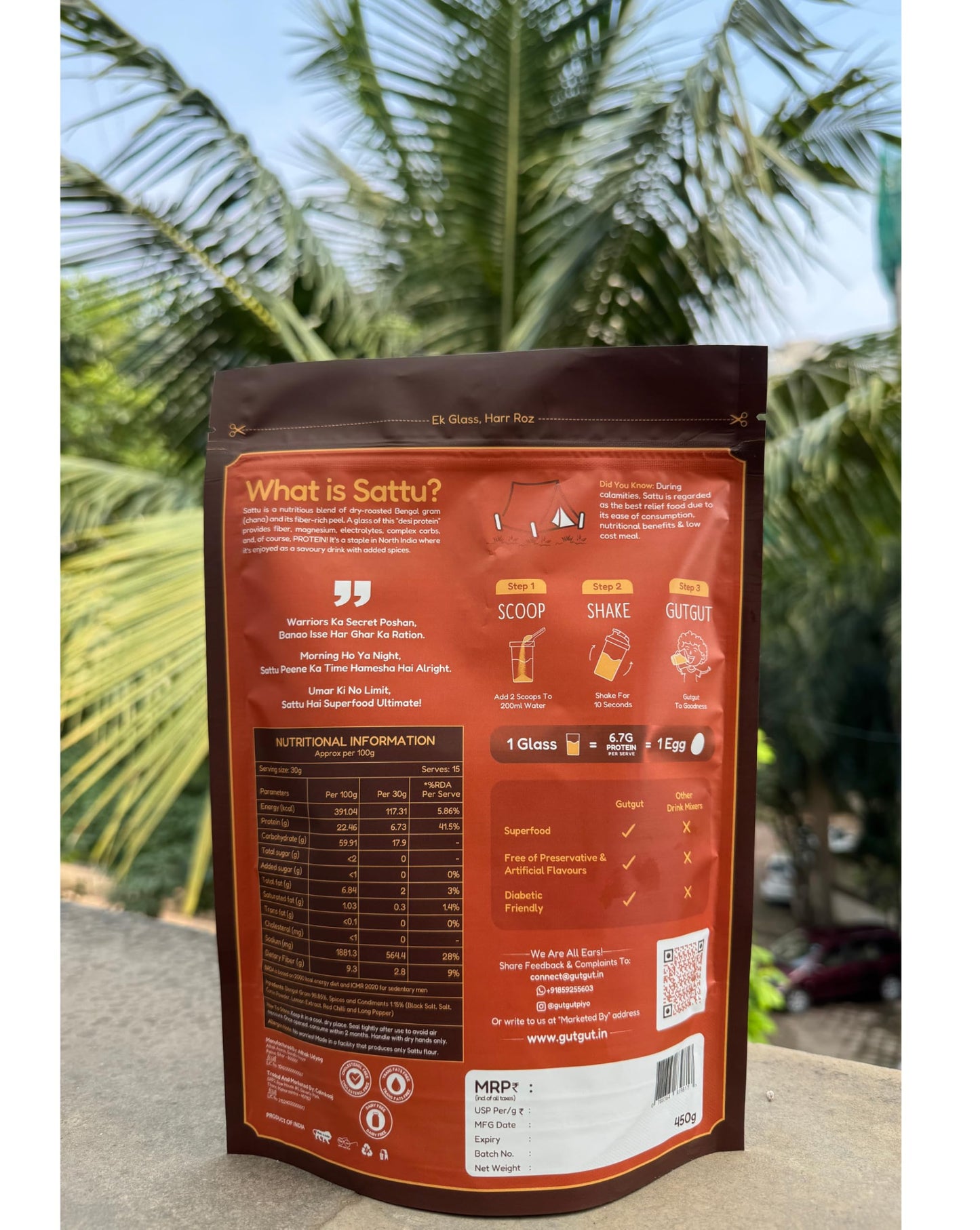 GutGut Sattu Powder | Instant Drink Mix | 100% Natural & Gluten Free Chana Sattu | 30 Glasses 900 grams - Masala Twist Flavour (450g X Pack of 2)