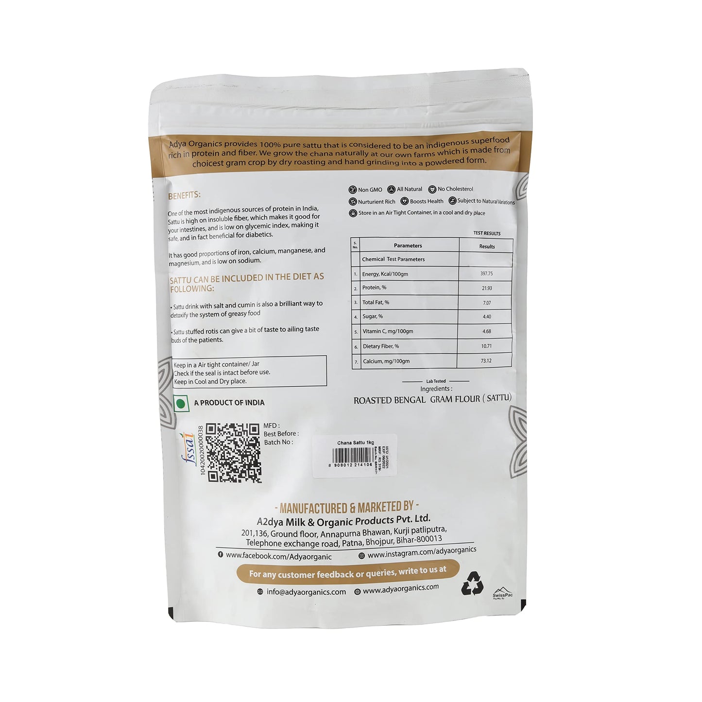 Adya Organics Sattu Powder | Gluten Free Roasted Black Chana Flour | 100% Natural & Gluten Free Chana Sattu l Atta with High Fiber | Sattu Drink Powder 1Kg- (Pack of 1)