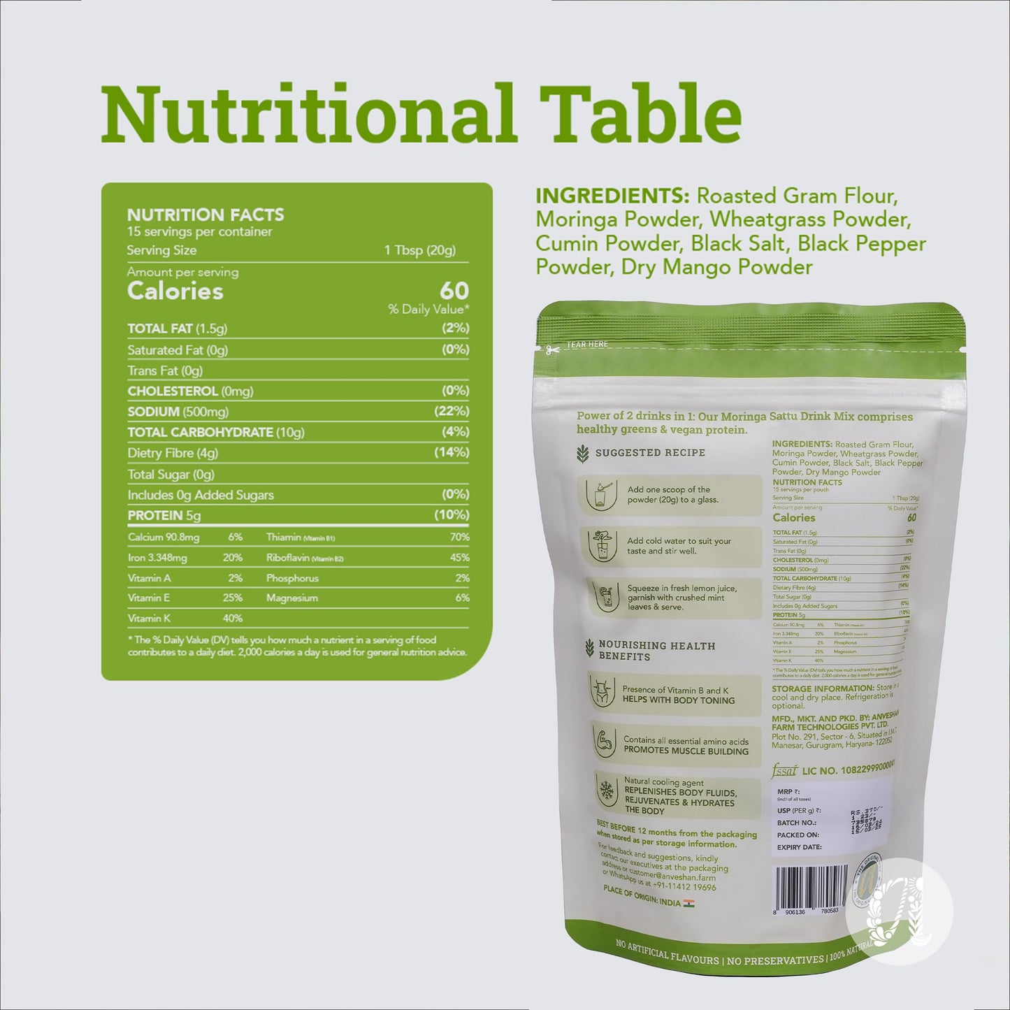 Anveshan Moringa Sattu Drink Mix - 300g | Chana Sattu Protein Powder | Drink | 8 Vitamin and Fibre Rich Nutrition Drink