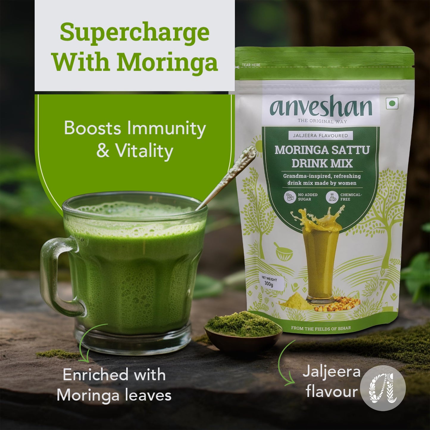 Anveshan Moringa Sattu Drink Mix - 300g | Chana Sattu Protein Powder | Drink | 8 Vitamin and Fibre Rich Nutrition Drink