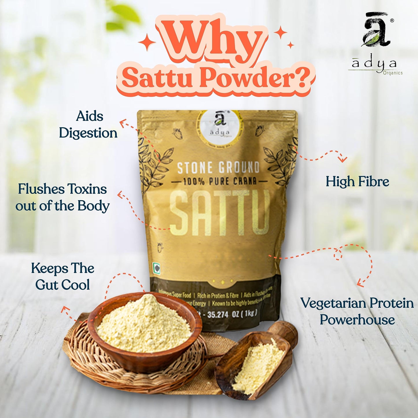 Adya Organics Sattu Powder | Gluten Free Roasted Black Chana Flour | 100% Natural & Gluten Free Chana Sattu l Atta with High Fiber | Sattu Drink Powder 1Kg- (Pack of 1)
