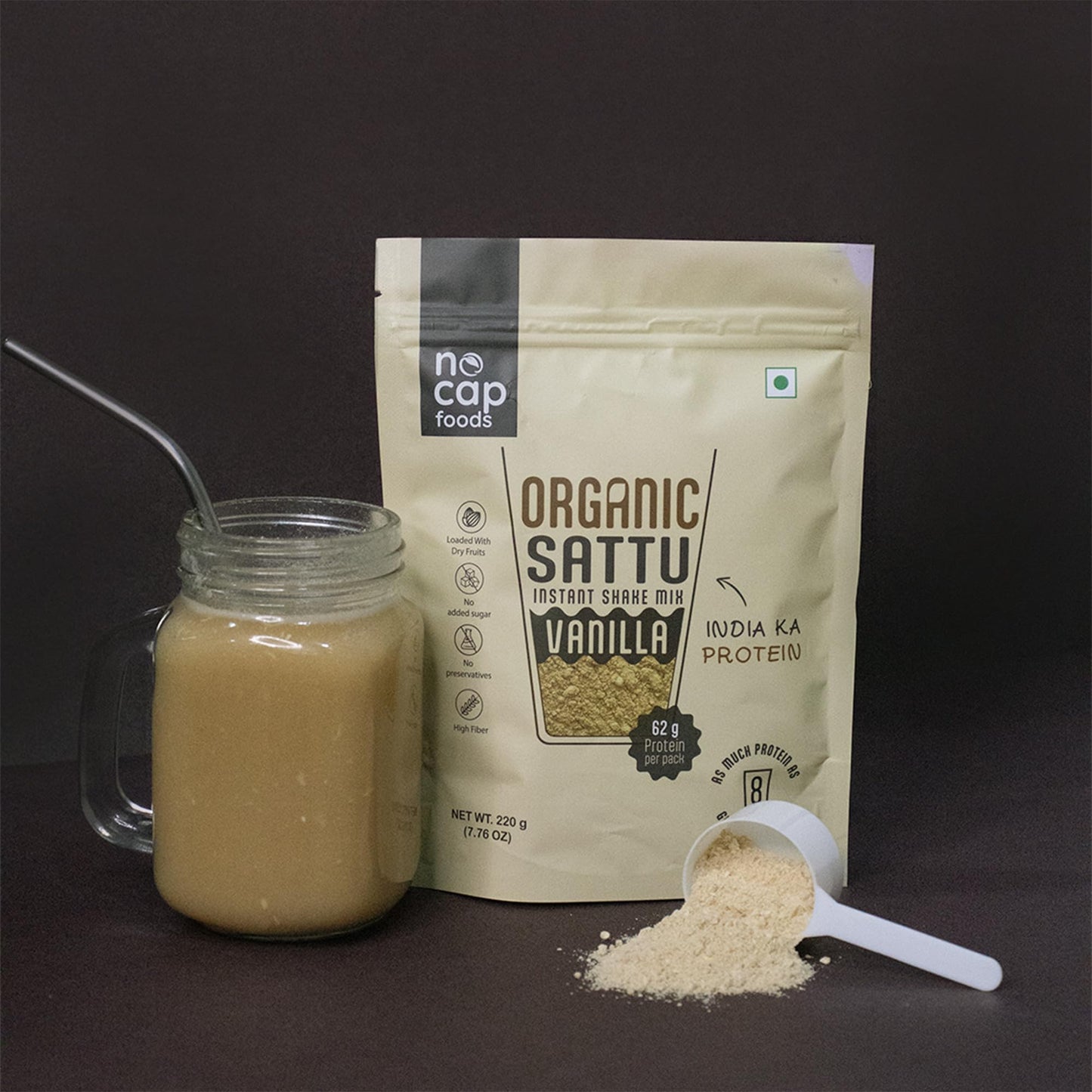Nocap Sattu Shake Vanilla 220gm | No refined sugar | No Artificial flavours | High Protein | High Fiber | Natural Vanilla flavour | Instant shake | No Additives | No preservatives