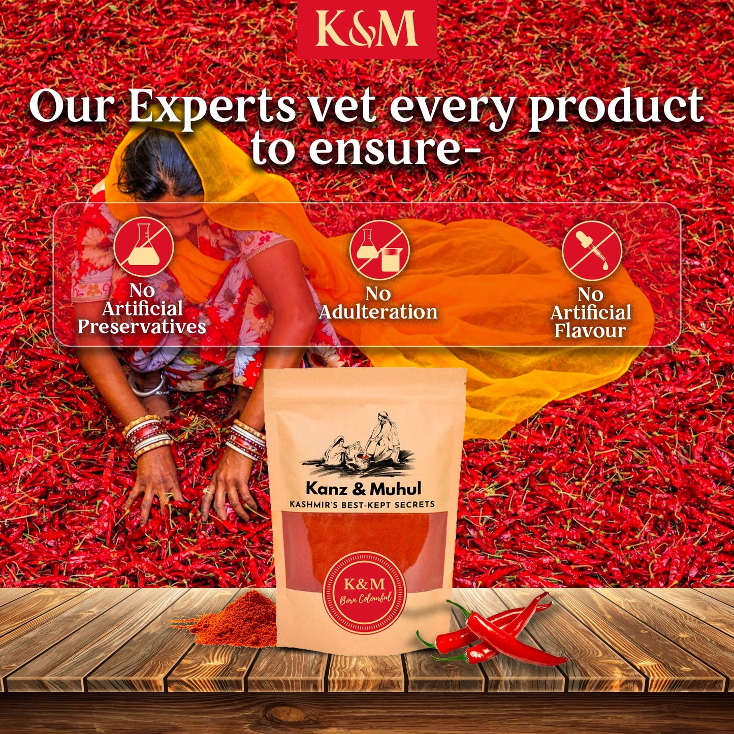 Kanz & Muhul Kashmiri Red Chilli Powder 450 Grams | Kashmiri Lal Mirch Powder | Mild Spicy, Authentic, Bright Red Colour | Organic Kashmiri Mirch | With No Added Preservatives | 450 Grams